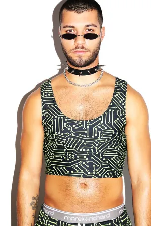 Circuit Board All Over Print Fitted Crop Tank- Green