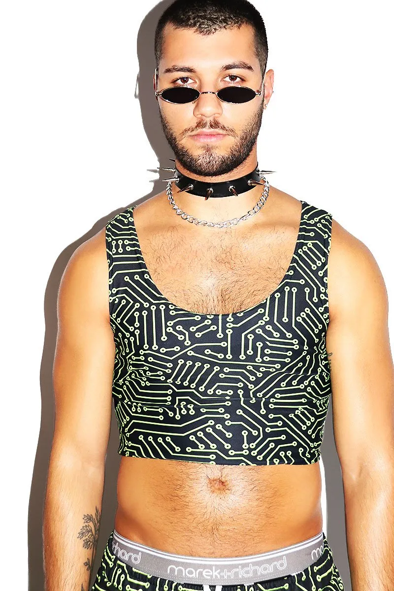 Circuit Board All Over Print Fitted Crop Tank- Green