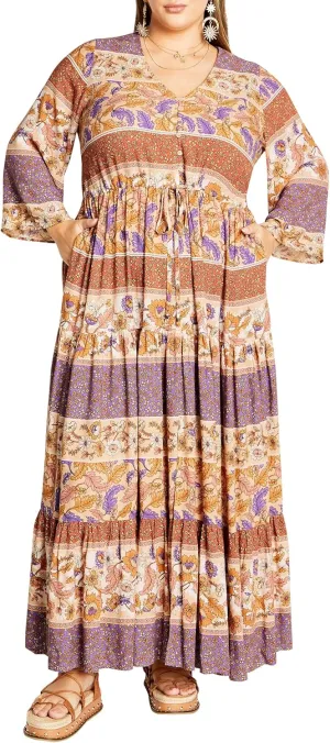 City Chic Plus Size Maxi Endless Sun in TAN Border Print