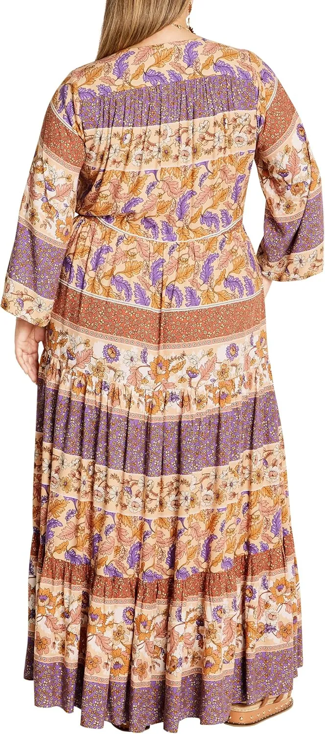City Chic Plus Size Maxi Endless Sun in TAN Border Print