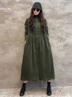 Clearance- Vintage Solid Corduroy Lapel Dress