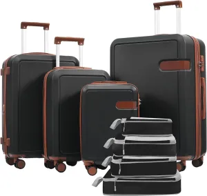 Convenient Travel with 4 Piece Luggage Set, Includes Compression Packing Cubes, Expandable Spinner Wheels, Lightweight Design, Brown and Black