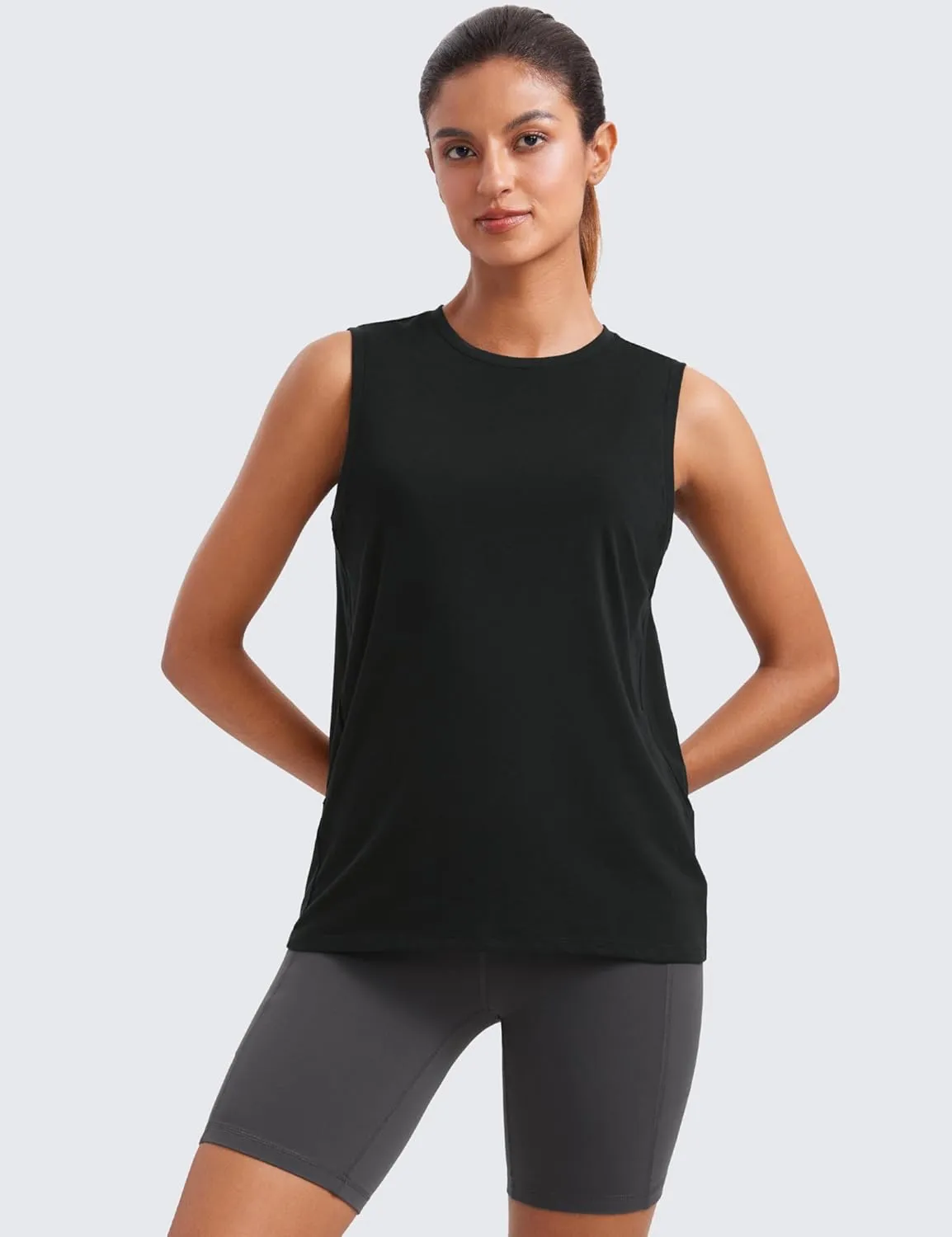 CRZ YOGA Pima Cotton High Neck Tank Basic Workout Sleeveless Tops for Women Soft Casual Athletic Yoga Shirts