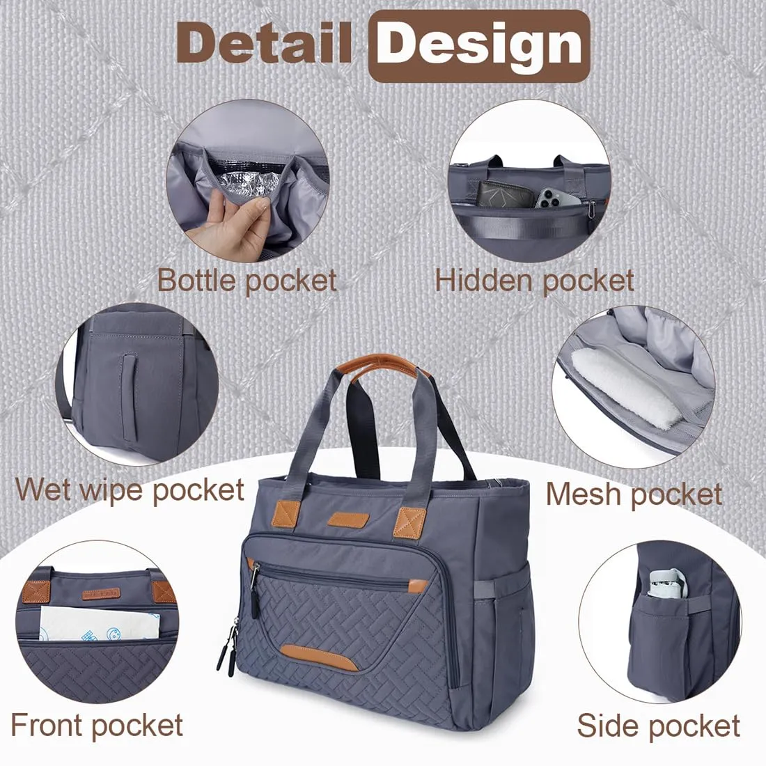 Diaper Bag Tote, Baby Travel Bag Multi-Compartment Pocket for Convenient Carrying of Diapers, Wet Wipe & Milk Bottles (Dark Gray)