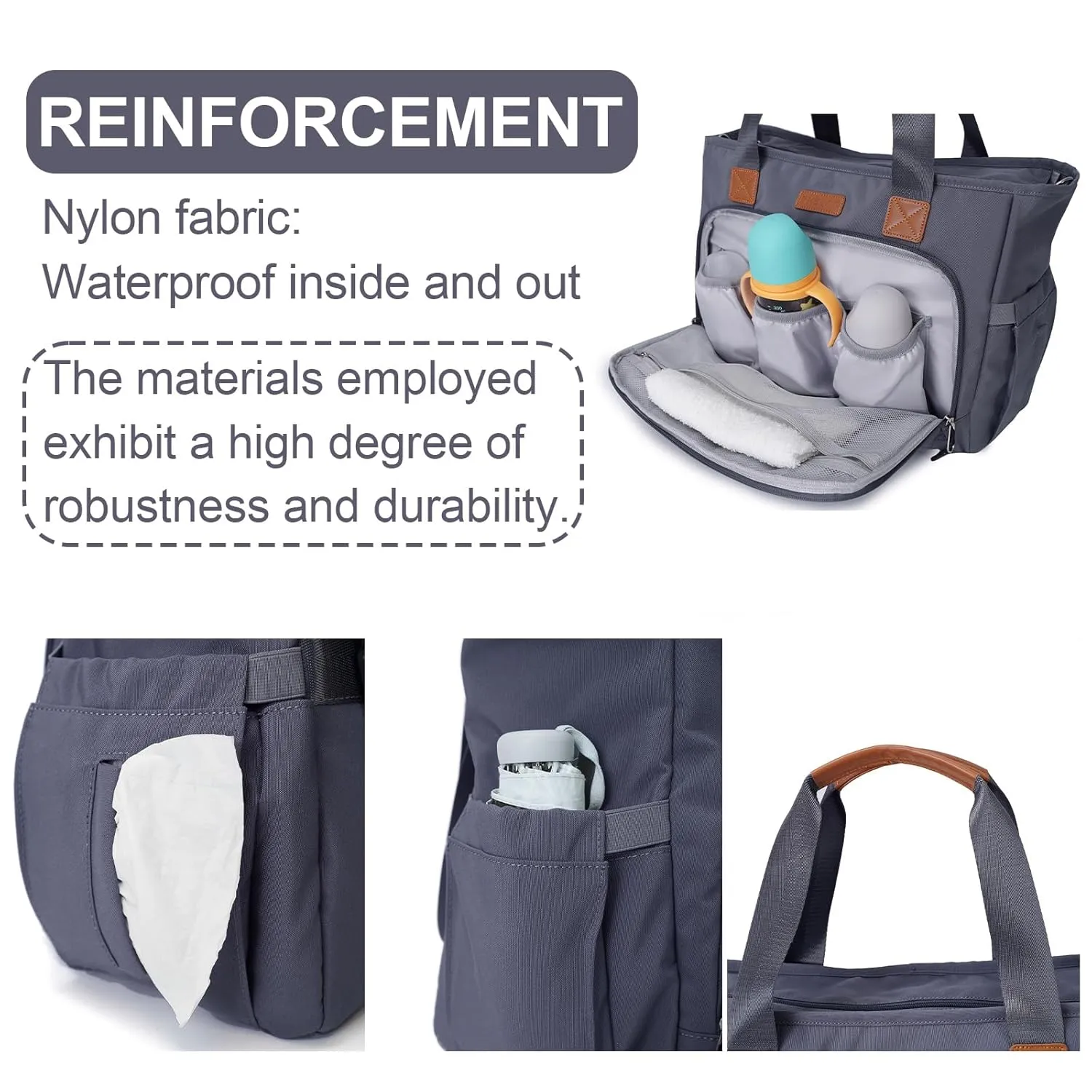 Diaper Bag Tote, Baby Travel Bag Multi-Compartment Pocket for Convenient Carrying of Diapers, Wet Wipe & Milk Bottles (Dark Gray)