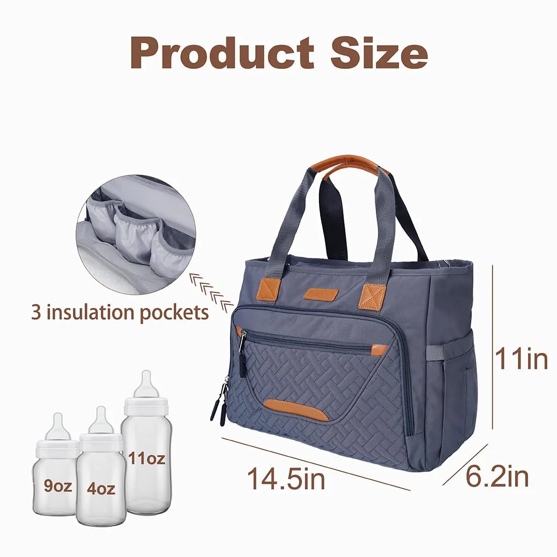 Diaper Bag Tote, Baby Travel Bag Multi-Compartment Pocket for Convenient Carrying of Diapers, Wet Wipe & Milk Bottles (Dark Gray)