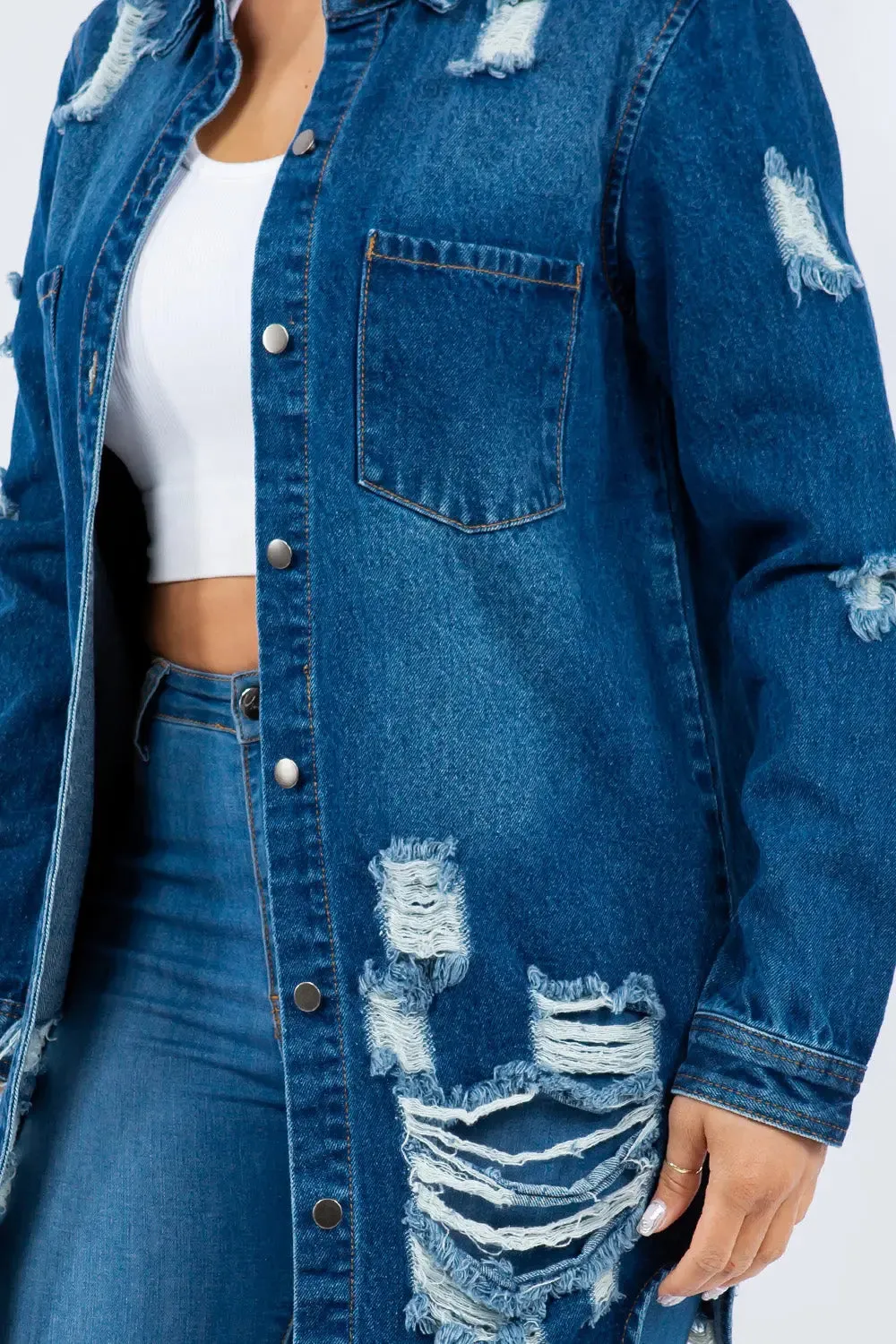 Distressed Button-Up Long Sleeve Denim Jacket | Trendy & Versatile