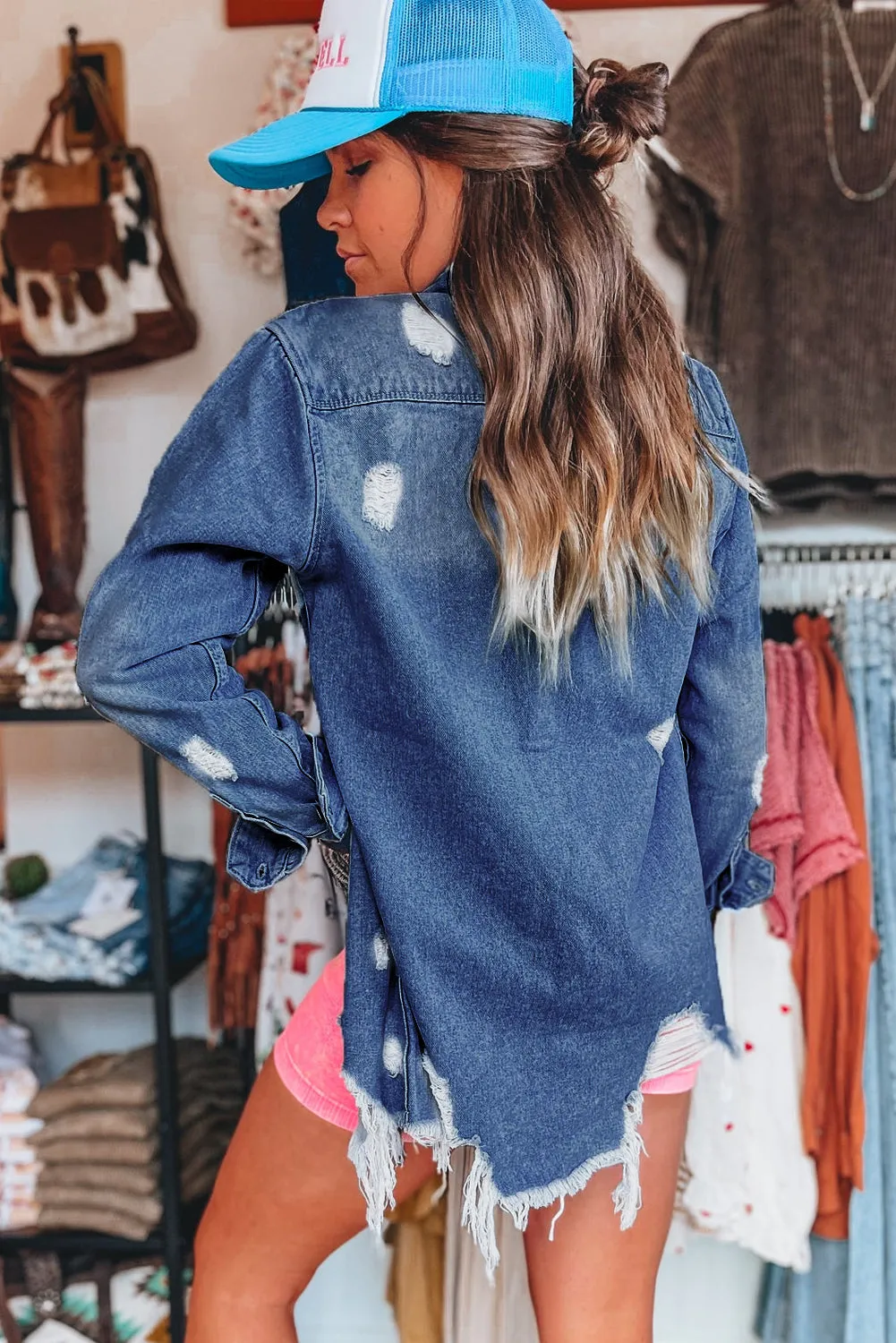 Distressed Long Denim Jacket