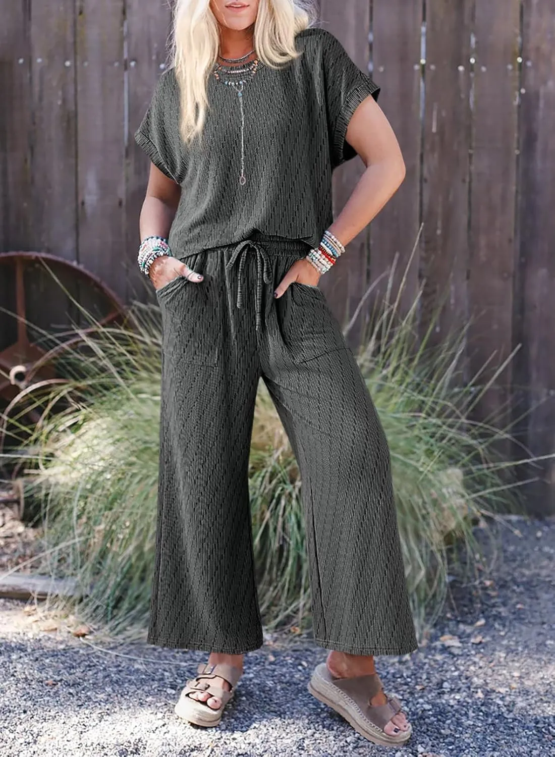 Dokotoo 2 Piece Sets for Women Casual Short Sleeve Summer Tops and High Rise Wide Leg Pants Lounge Sets
