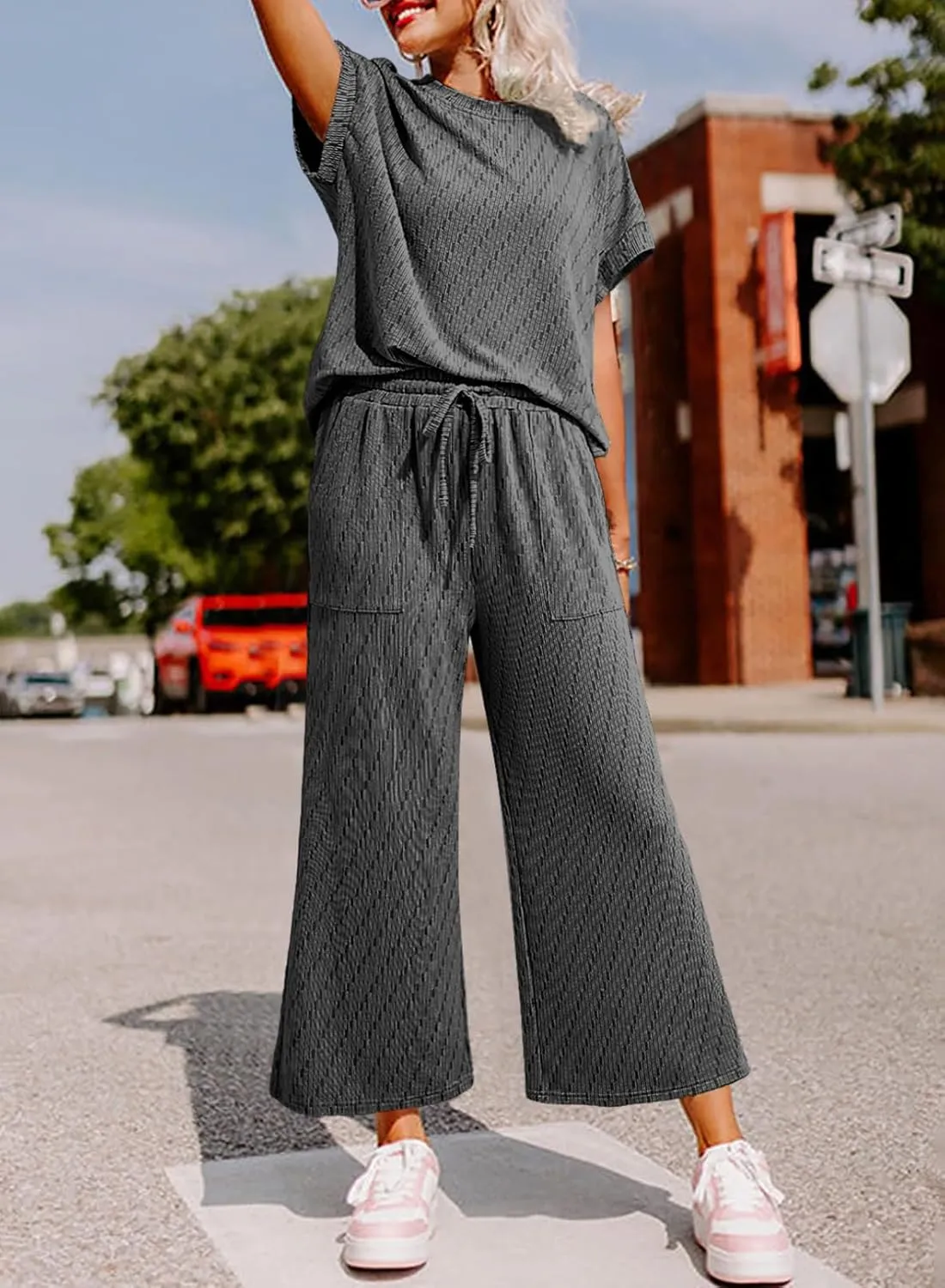 Dokotoo 2 Piece Sets for Women Casual Short Sleeve Summer Tops and High Rise Wide Leg Pants Lounge Sets