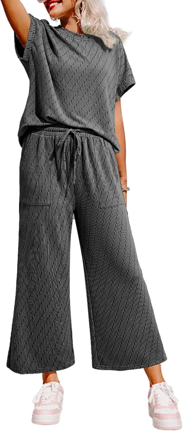 Dokotoo 2 Piece Sets for Women Casual Short Sleeve Summer Tops and High Rise Wide Leg Pants Lounge Sets