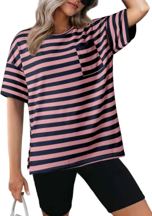 Dokotoo T Shirts for Women Striped Color Block Loose Fit Round Neck Womens Tops Tshirts Shirts Oversized Tshirts for Women