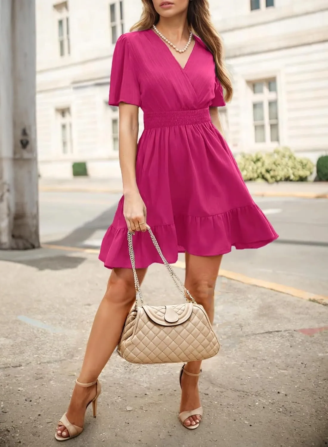 Dokotoo Women's Dress 2025 Summer Deep V Neck Elegant Ruffle Mini Dress Waist Dresses S-2XL