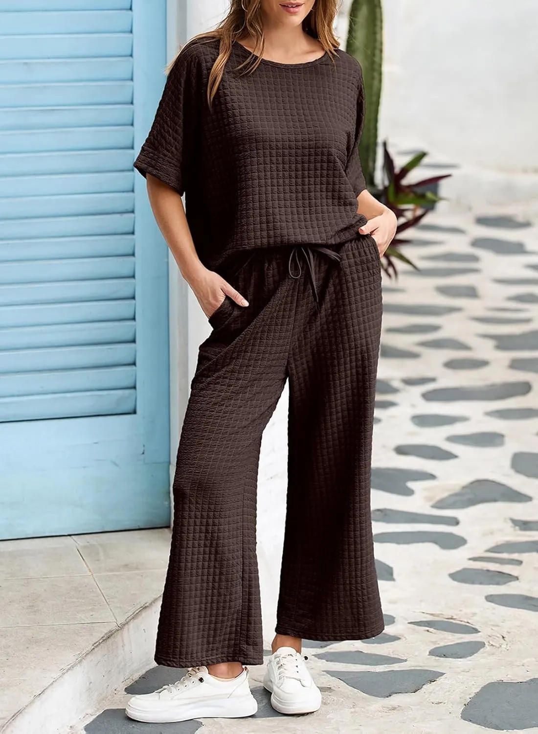Dokotoo Women's Summer 2 Piece Sets Short Sleeve Crewneck Pullover Shirts Tops and Drawstring Wide Leg Pants Lounge Sets