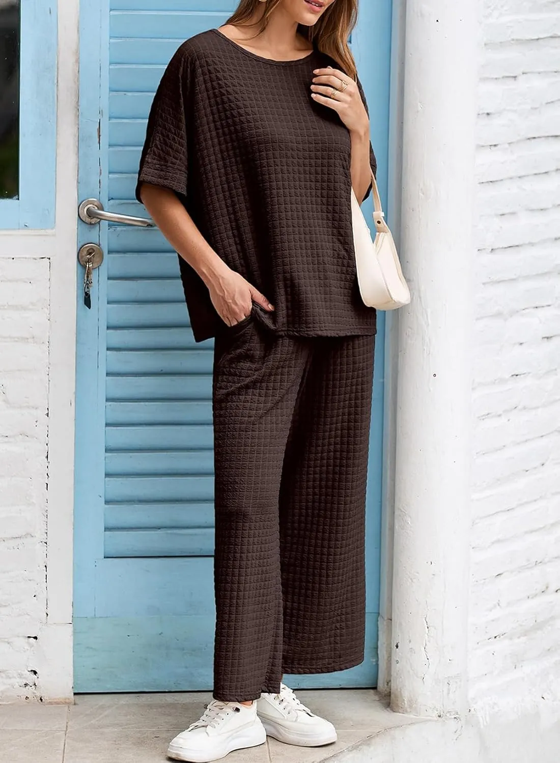 Dokotoo Women's Summer 2 Piece Sets Short Sleeve Crewneck Pullover Shirts Tops and Drawstring Wide Leg Pants Lounge Sets