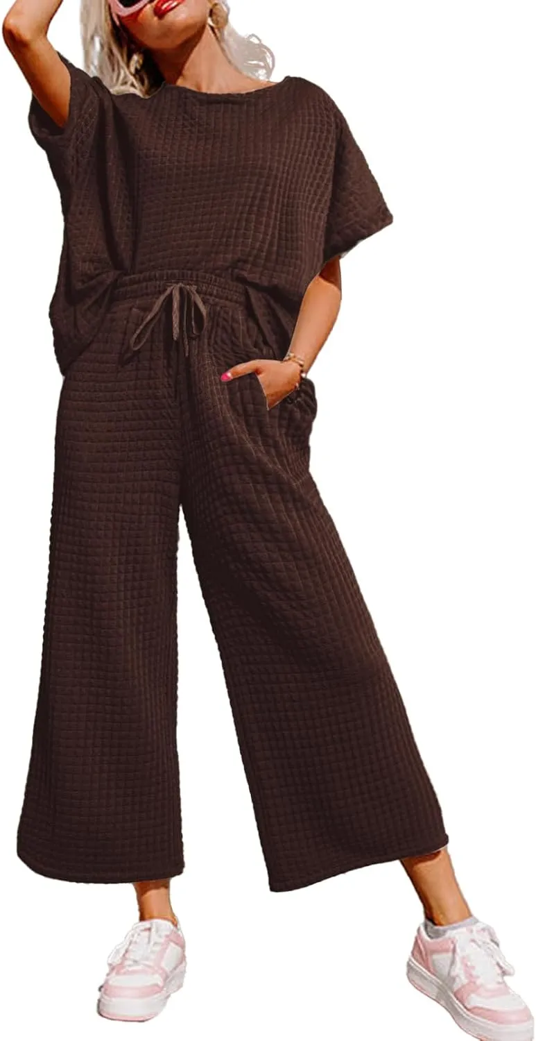 Dokotoo Women's Summer 2 Piece Sets Short Sleeve Crewneck Pullover Shirts Tops and Drawstring Wide Leg Pants Lounge Sets