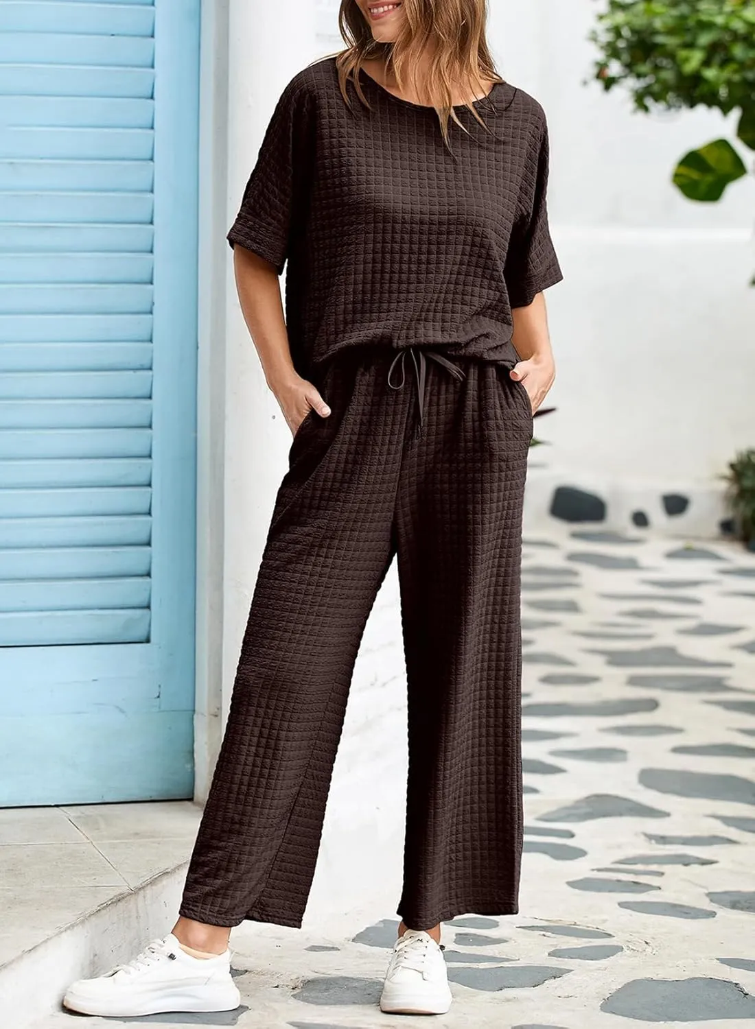 Dokotoo Women's Summer 2 Piece Sets Short Sleeve Crewneck Pullover Shirts Tops and Drawstring Wide Leg Pants Lounge Sets