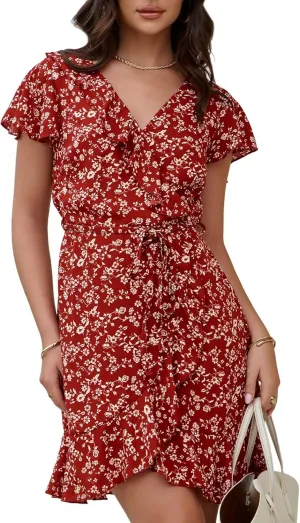 Dokotoo Womens Summer Dresses 2025 Deep V Neck Ruffle Floral Flowy Mini Dress Sundresses Vacation Beach Outfits for Women