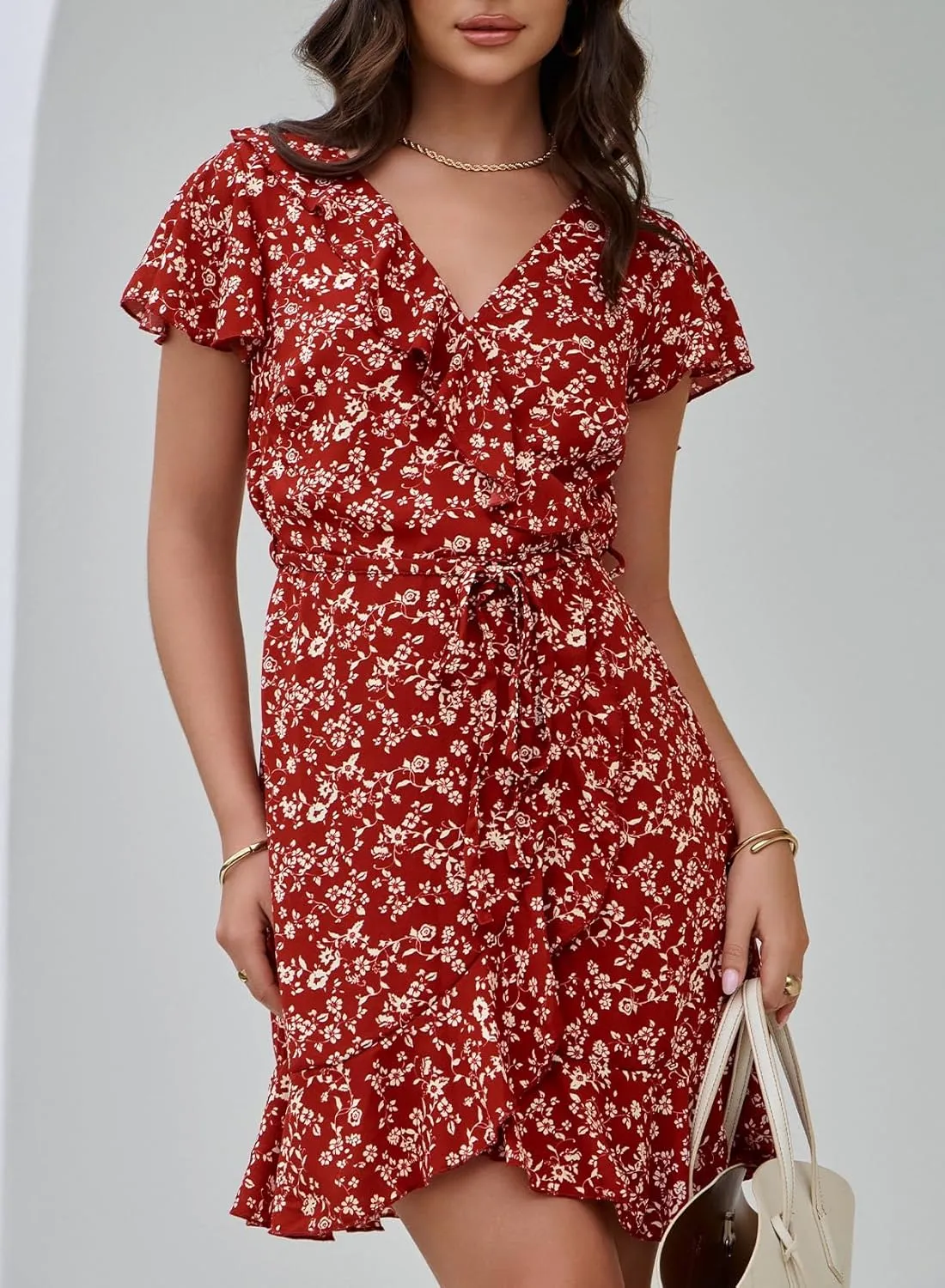 Dokotoo Womens Summer Dresses 2025 Deep V Neck Ruffle Floral Flowy Mini Dress Sundresses Vacation Beach Outfits for Women