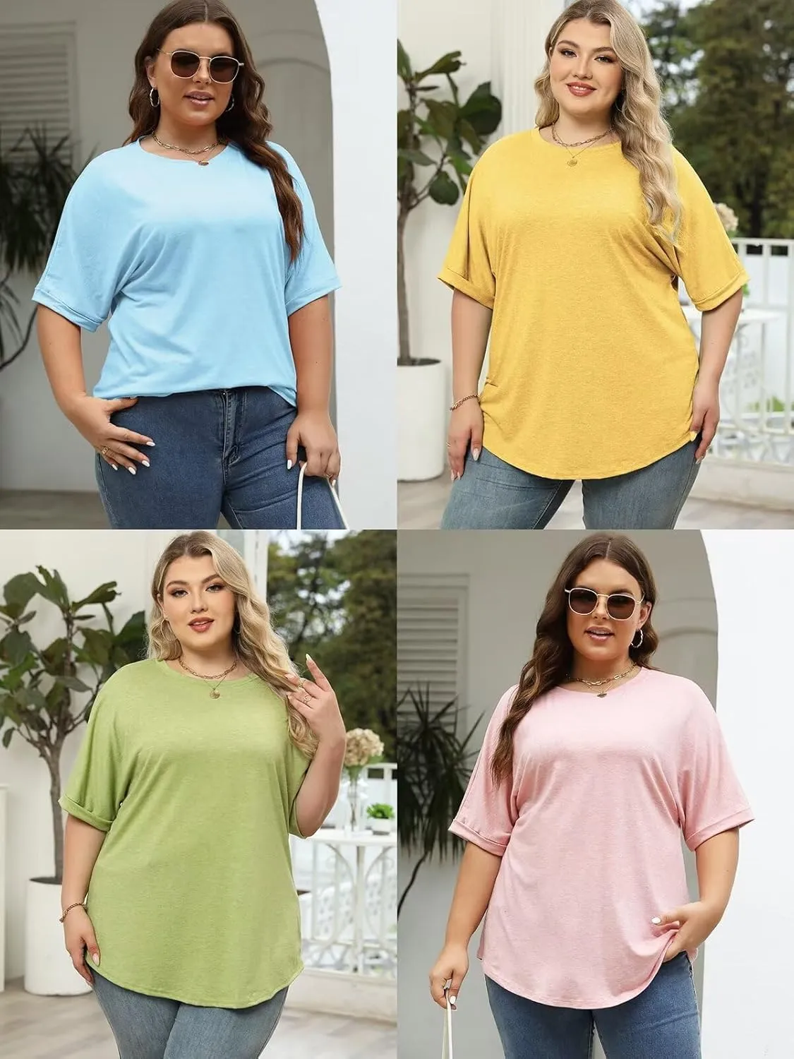 DOLNINE Womens-Plus-Size-Tops Casual Rolled Short Sleeve Crewneck Oversized Tunic Shirts XL-5XL
