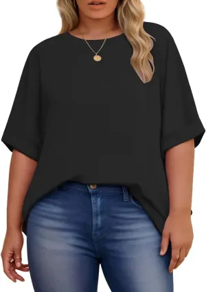 DOLNINE Womens-Plus-Size-Tops Casual Rolled Short Sleeve Crewneck Oversized Tunic Shirts XL-5XL