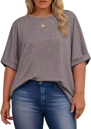 DOLNINE Womens-Plus-Size-Tops Casual Rolled Short Sleeve Crewneck Oversized Tunic Shirts XL-5XL