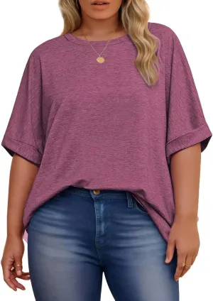 DOLNINE Womens-Plus-Size-Tops Casual Rolled Short Sleeve Crewneck Oversized Tunic Shirts XL-5XL