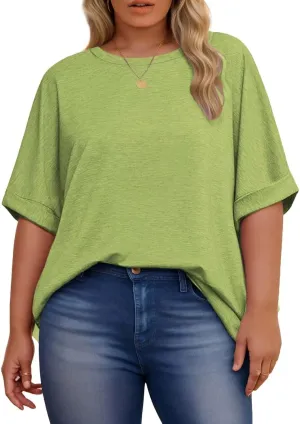 DOLNINE Womens-Plus-Size-Tops Casual Rolled Short Sleeve Crewneck Oversized Tunic Shirts XL-5XL