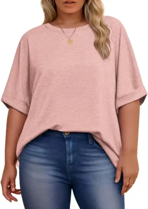 DOLNINE Womens-Plus-Size-Tops Casual Rolled Short Sleeve Crewneck Oversized Tunic Shirts XL-5XL