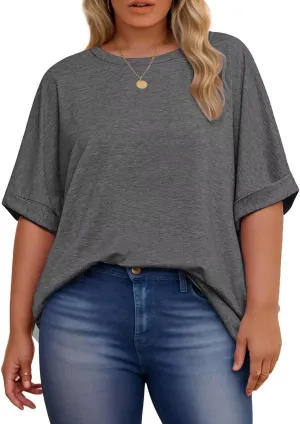 DOLNINE Womens-Plus-Size-Tops Casual Rolled Short Sleeve Crewneck Oversized Tunic Shirts XL-5XL
