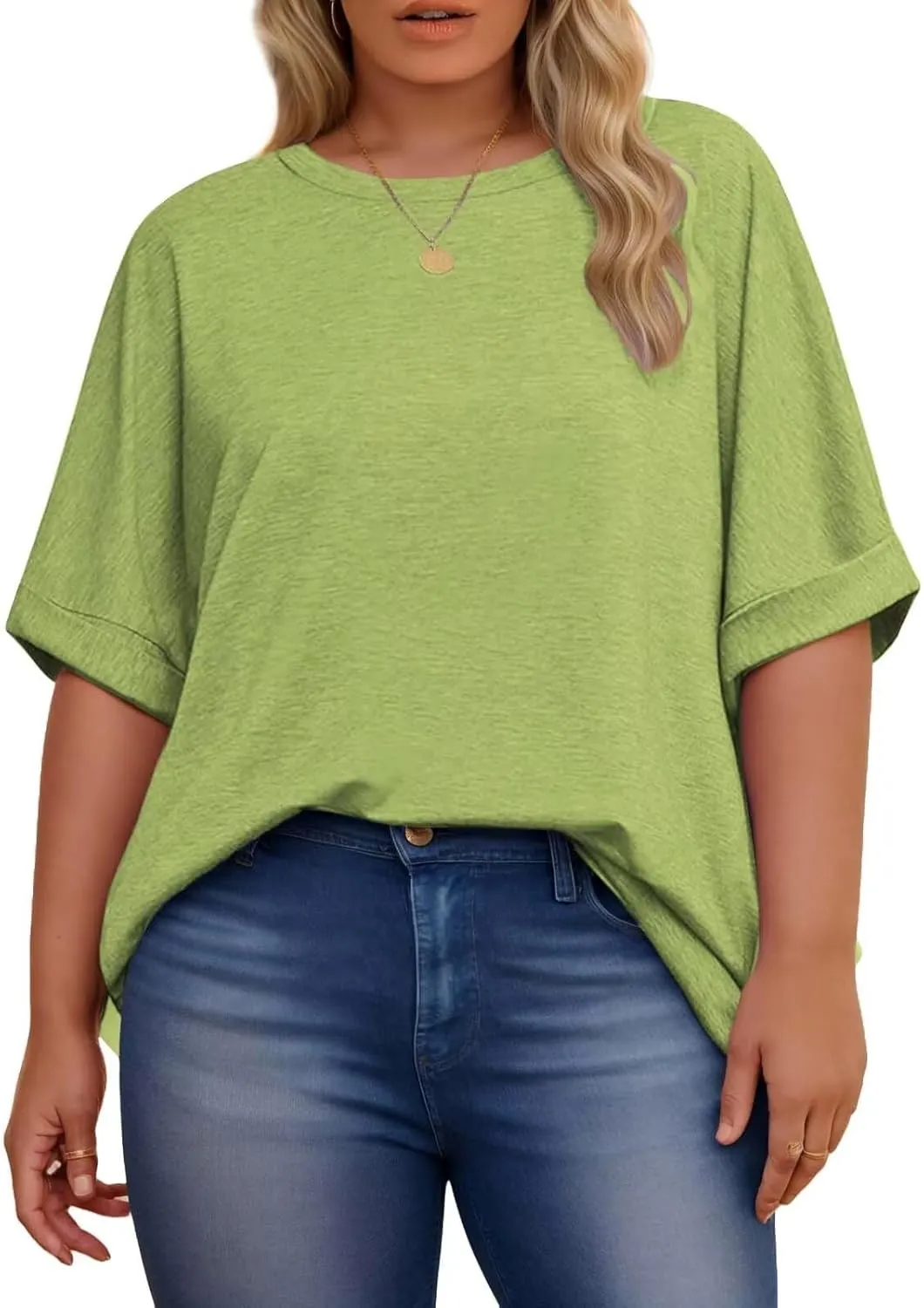 DOLNINE Womens-Plus-Size-Tops Casual Rolled Short Sleeve Crewneck Oversized Tunic Shirts XL-5XL