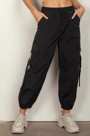Drawstring Elastic Waist Woven Cargo Jogger Pants in Black