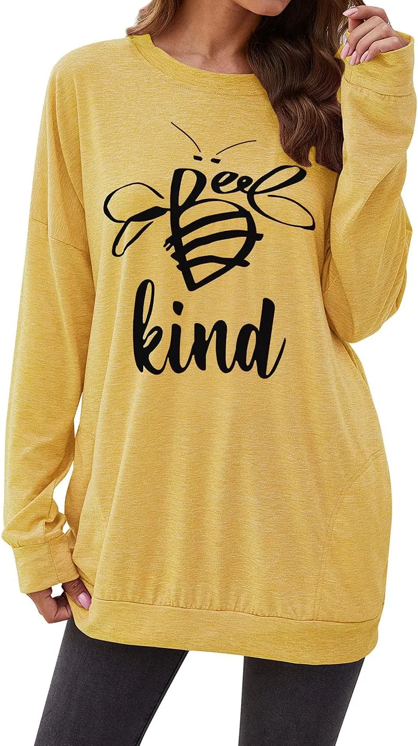 Dresswel Be Kind Tshirt Women Short Sleeve T-Shirt Bee Graphic Tee Long Sleeve Pocket Shirt Casual Tops