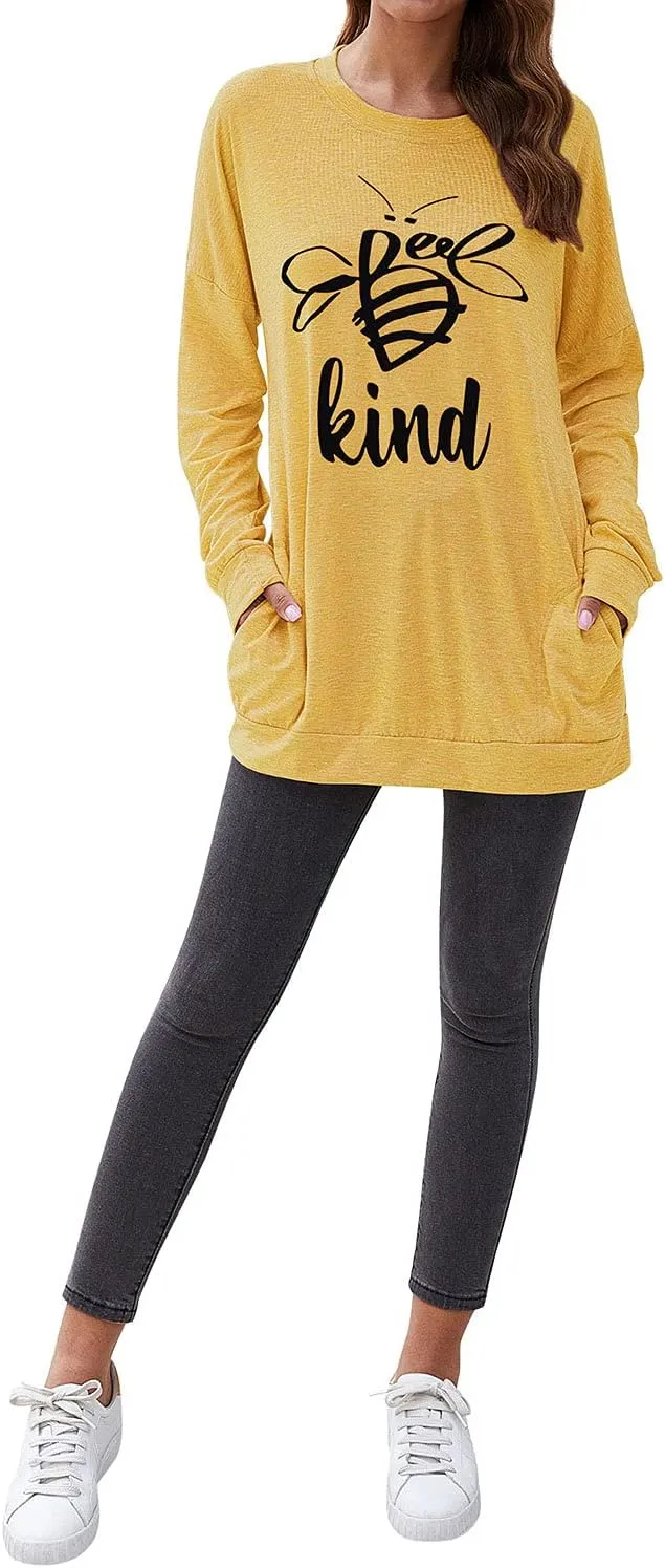 Dresswel Be Kind Tshirt Women Short Sleeve T-Shirt Bee Graphic Tee Long Sleeve Pocket Shirt Casual Tops