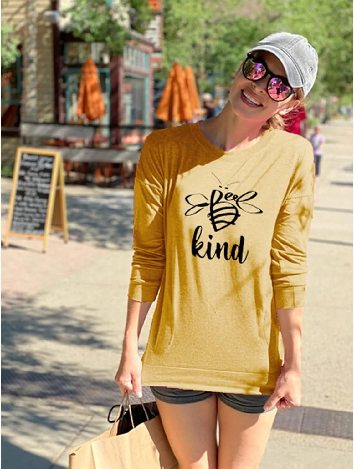 Dresswel Be Kind Tshirt Women Short Sleeve T-Shirt Bee Graphic Tee Long Sleeve Pocket Shirt Casual Tops