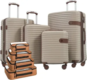 Durable 4-Piece ABS Luggage Set with Packing Cubes, Lightweight and Expandable Suitcase with Spinner Wheels for Effortless Travel and Organized Packing, Khaki