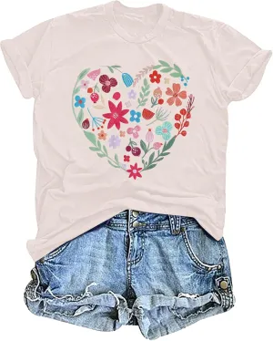 DUTUT Women Vintage Wildflower Shirt Floral Heart Graphic Shirts Boho Flower Tees Botanical Plant Short Sleeve Tops