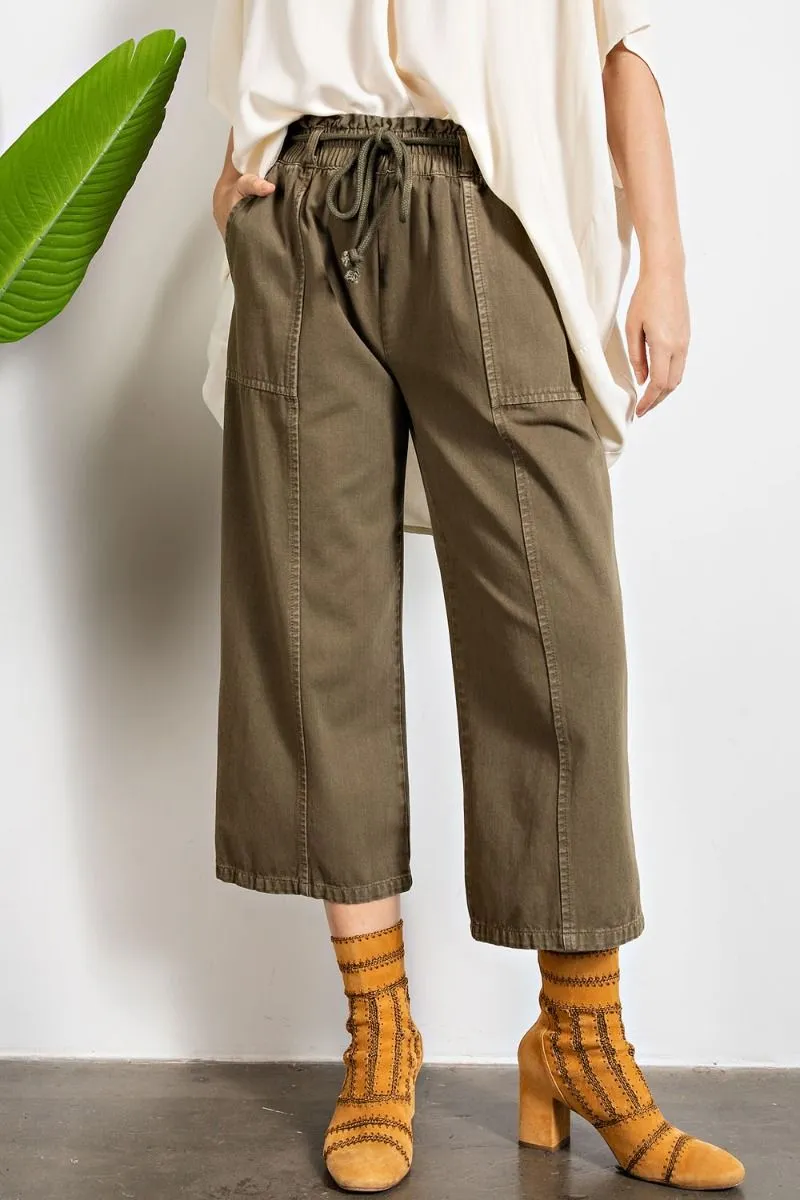 Easel Elastic Waisted Drawstring Garment Dye Twill Cargo Pants by Sensual Fashion Boutique