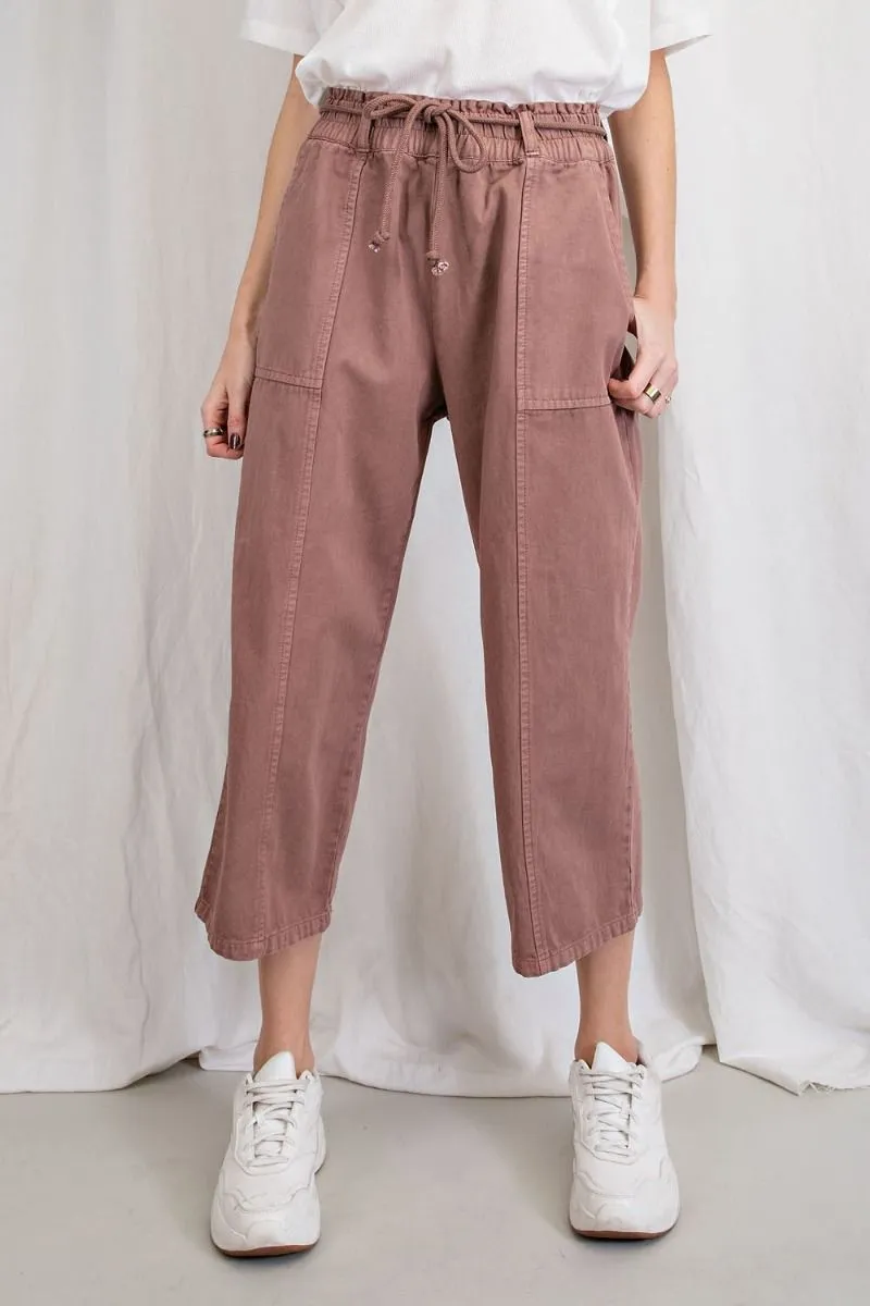 Easel Elastic Waisted Drawstring Garment Dye Twill Cargo Pants by Sensual Fashion Boutique