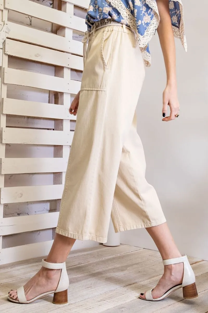 Easel Elastic Waisted Drawstring Garment Dye Twill Cargo Pants by Sensual Fashion Boutique