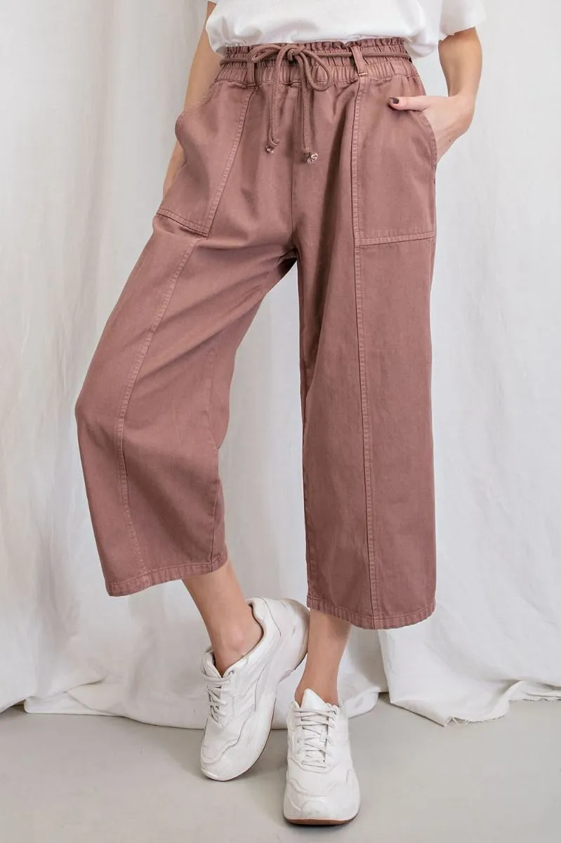 Easel Elastic Waisted Drawstring Garment Dye Twill Cargo Pants by Sensual Fashion Boutique
