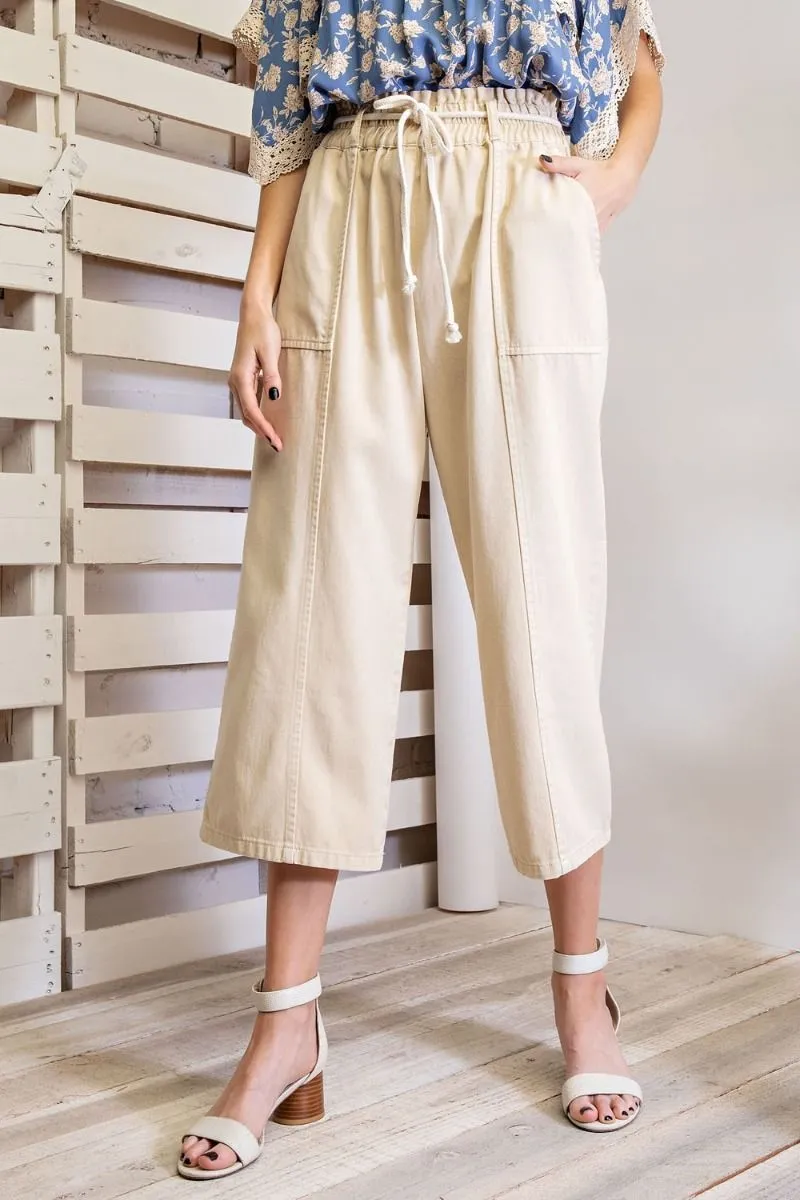 Easel Elastic Waisted Drawstring Garment Dye Twill Cargo Pants by Sensual Fashion Boutique
