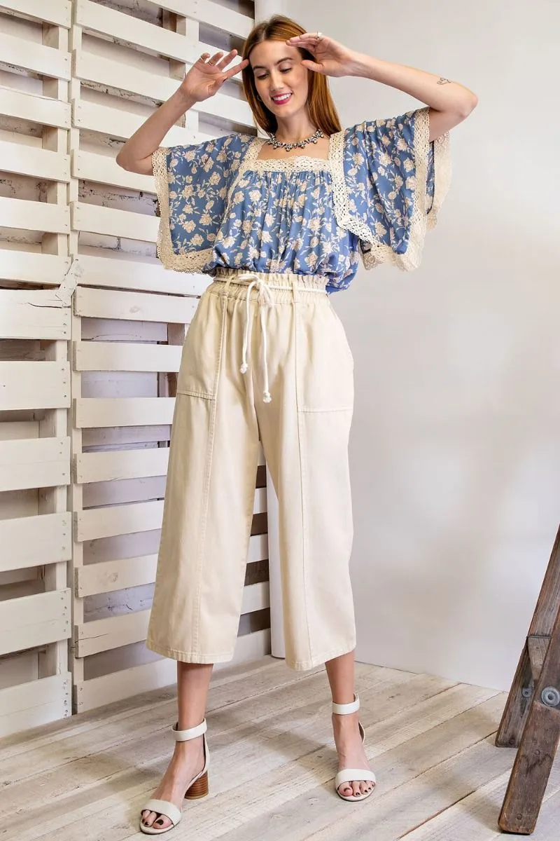 Easel Elastic Waisted Drawstring Garment Dye Twill Cargo Pants by Sensual Fashion Boutique