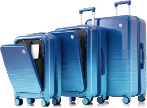 Effortless Travel Luggage Set of 3 - Front Opening Design with USB Port, Spinner Wheels, Blue, 20, 24, 28 inch