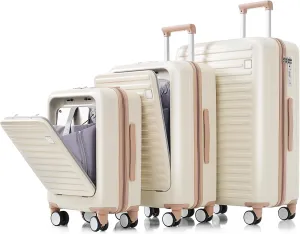 Effortless Travel Luggage Set of 3 with USB Port, Front Opening, Spinner Wheels, Ivory with Golden Accents