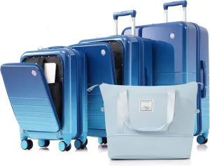 Effortless Travel Luggage Set of 4 with USB Port, Front Opening Design, Airline Certified Carry-On, Durable ABS PC Hard Shell, Blue