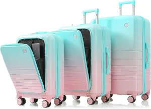 Effortless Travel with 3-Piece Luggage Set, Front Opening Design, USB Port, Spinner Wheels, Light Blue