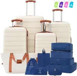 Effortless Travel with Lightweight Hardshell Luggage Set, 4 Pieces, Expandable, 360 Spinner Wheels, Brown and White