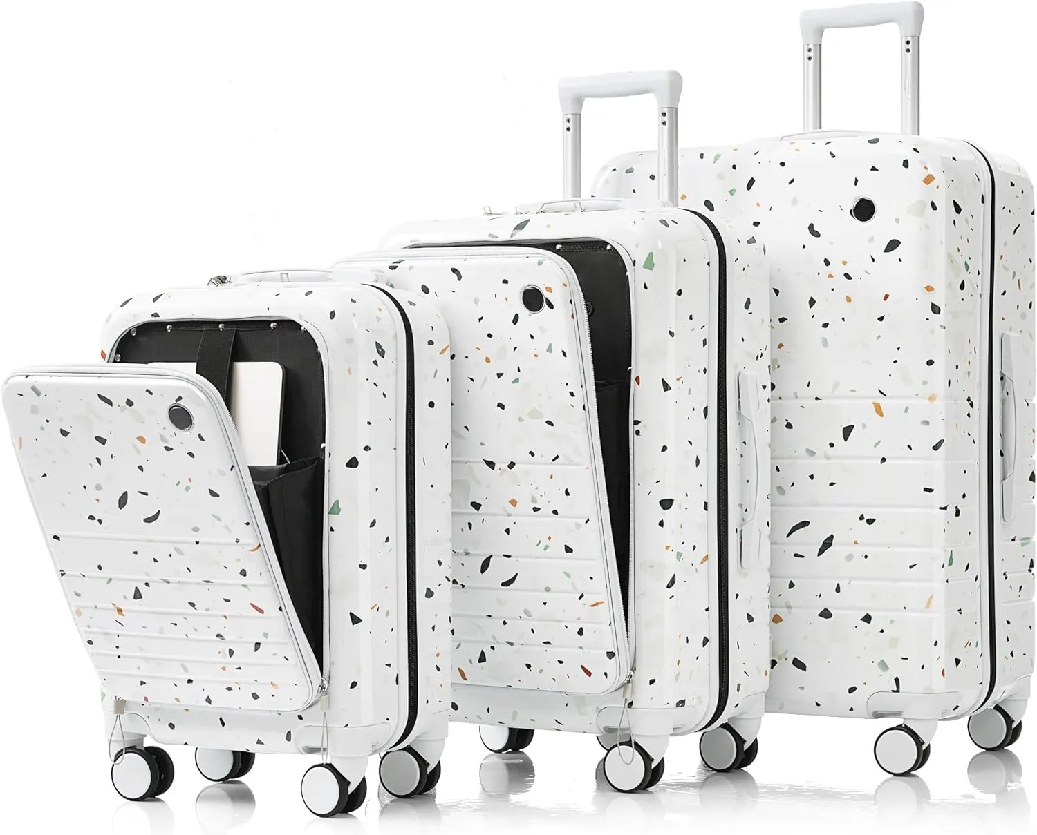 Effortless Travel with Luggage Set of 3, Front Opening Design, Built-In USB Port, Spinner Wheels, Starry Sky White