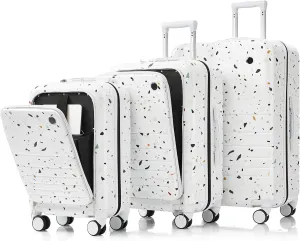 Effortless Travel with Luggage Set of 3, Front Opening Design, Built-In USB Port, Spinner Wheels, Starry Sky White